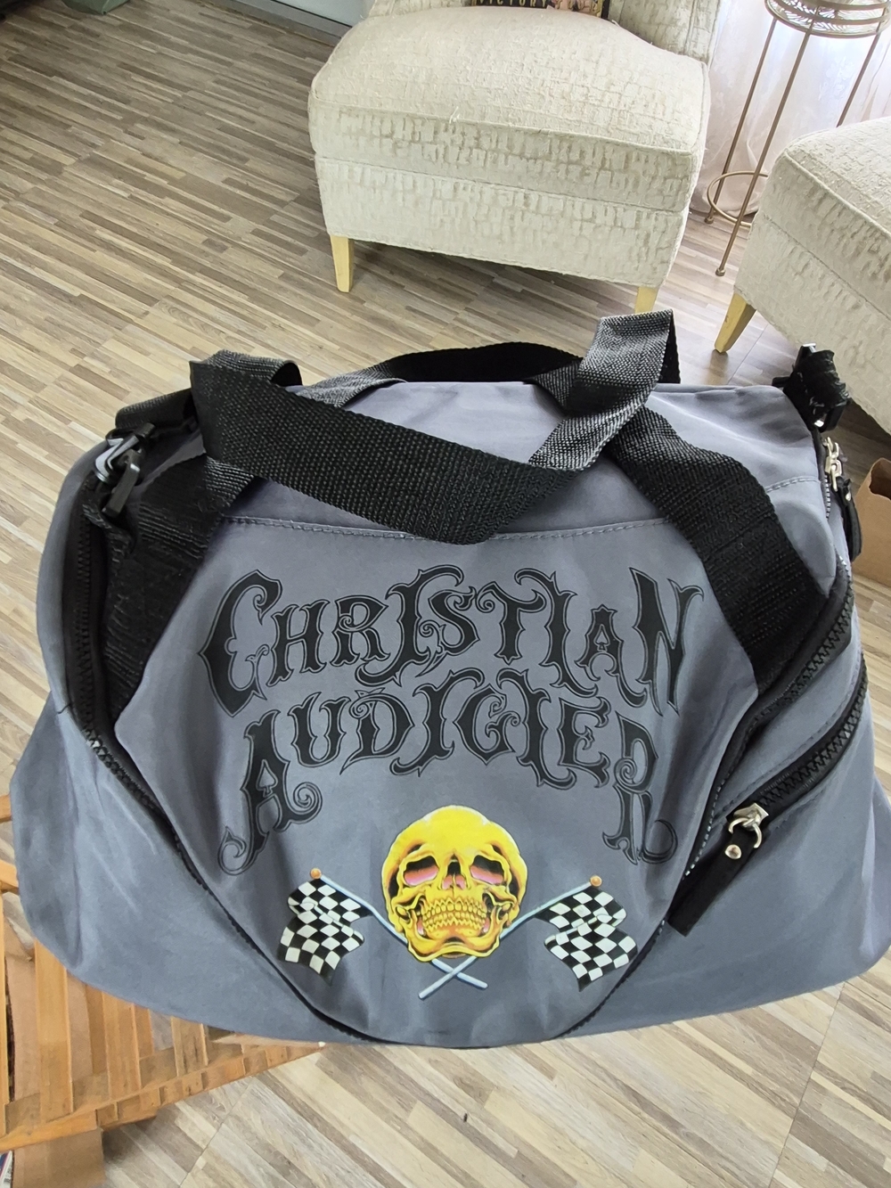 Christian Audigier Gray Travel Duffle with Yellow Skull and Checkered Flags